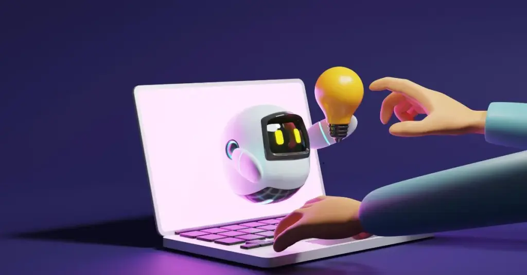 User hand touching cute robot light bulb through laptop on purpl